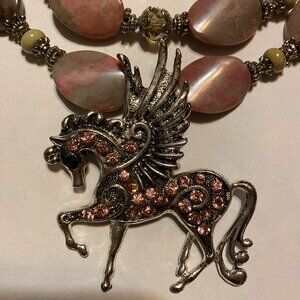 Western Necklace - Chunky Pink w/rhinestone Pegasus horse pendant w/wings. Wow